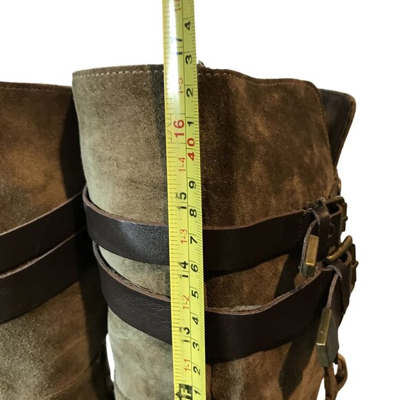 VERY VOLITILE Tan Suede Knee High Boots Womens 7 Side Zip Straps - Picture 12 of 14
